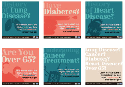 Unedited teal blue, salmon pink, and blush colored public service announcements created by the CDC and the Ad Council which have color contrast issues