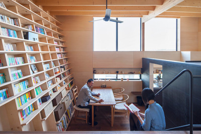 takeovertime:<br /><br />Bookshelf House | <br />Shinsuke fujii<br /><br /><br /><br /><br />The integrated bookshelf spans both levels of the home, and also contributes to the structural integrity of the home. importantly, shinsuke fujii has designed the bookshelf so that it will not collapse when an earthquake occurs. the oblique wall also serves to shelter the entrance of the home from heavy rainfall, common to the japanese region. the bookshelf, normally an external furnishing, becomes a core and central element of the house that translates throughout the entire structure.<br /><br /><br />