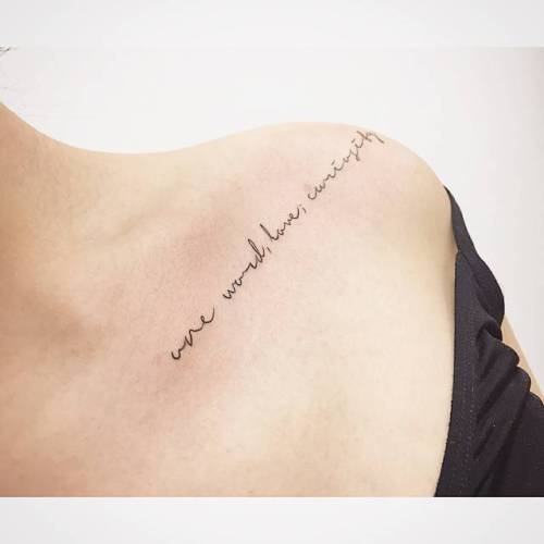 “One word, love: curiosity”, part of the quote by... small;collarbone;banul;black;languages;tiny;little;english;shoulder;pirates of the caribbean;lettering;quotes;film and book;english tattoo quotes;one word love curiosity