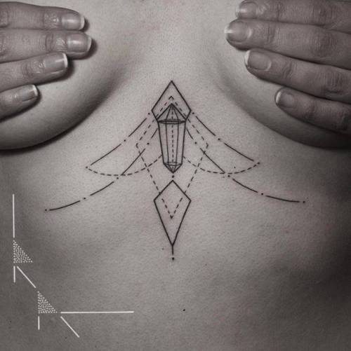 Sternum line art tattoo. Tattoo artist: rachainsworth geometric shape;small;line art;black;tiny;sternum;little;rachainsworth;blackwork;geometric