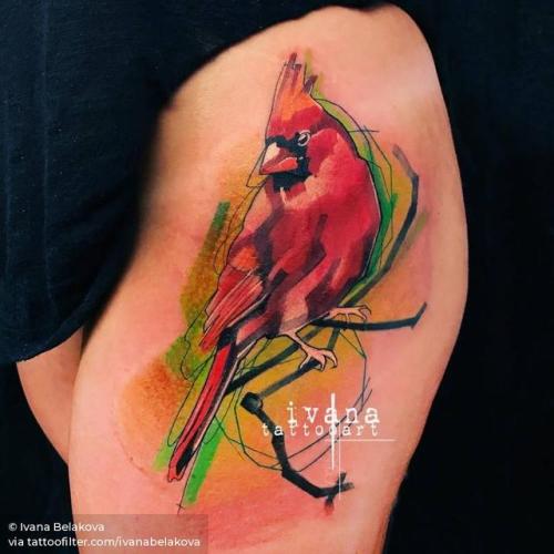 By Ivana Belakova, done at NY Empire State Tattoo Expo 2017,... big;cardinal;animal;watercolor;bird;thigh;facebook;twitter;ivanabelakova