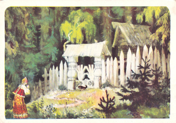 Illustration for Baba Yaga, a Russian fairy tale. Artist Nikolai Kochergin. Postcard from 1957. (x)