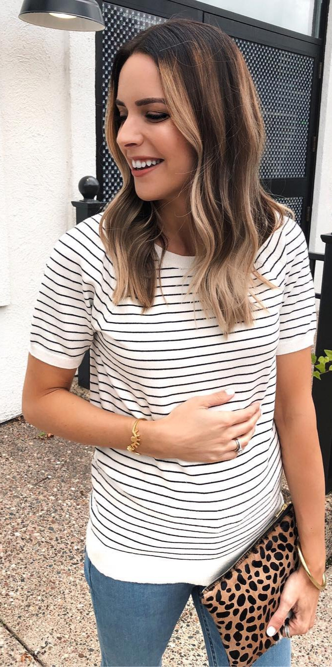 hairstyle, outfit inspiration, #Dress, #Outfitoftheday Last night on the blog I shared all my favorite pre-fall finds under $100, including this cute short sleeve striped sweater! Link in bio! | Shop my posts at thestyledpress.com/shop or by following me on the app (search taymbrown)! 