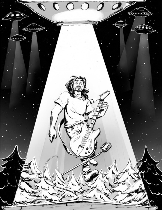 Dave Grohl looks upwards in fear as a UFO abducts him. It is night, and many other UFOs are visible in the background.