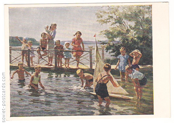 Russian vintage postcard (1956), E. Gaponenko “Kids at the River”
Listed on Etsy: https://www.etsy.com/sovietpostcards/listing/550220289/