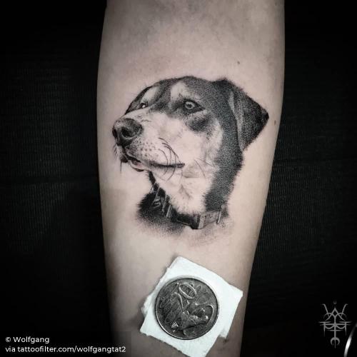 By Wolfgang, done in Melbourne. http://ttoo.co/p/34967 animal;arm;black and grey;dog;facebook;medium size;pet;portrait;twitter;wolfgangtat2