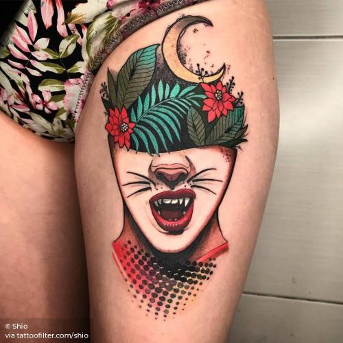 By Shio, done at Blessed Tattoo, Zaragoza.... big;catwoman;contemporary;dc comics character;dc comics;facebook;fictional character;film and book;portrait;shio;thigh;twitter
