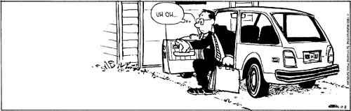 A 1-panel daily strip.
Calvin's Dad gets out the car, stares into space, and thinks 'UH OH...'.