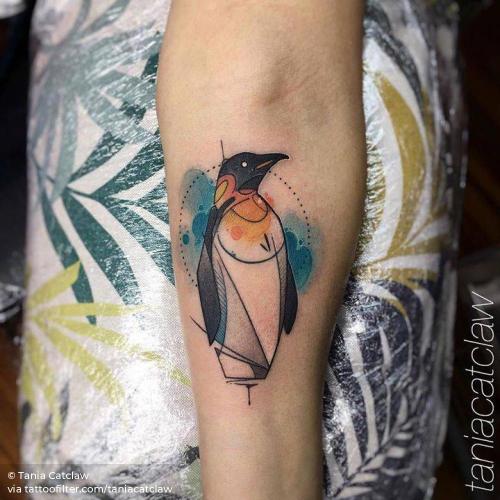 By Tania Catclaw, done at Big Boys Tattoo, Lisboa.... animal;bird;facebook;inner forearm;medium size;penguin;sketch work;taniacatclaw;twitter;watercolor