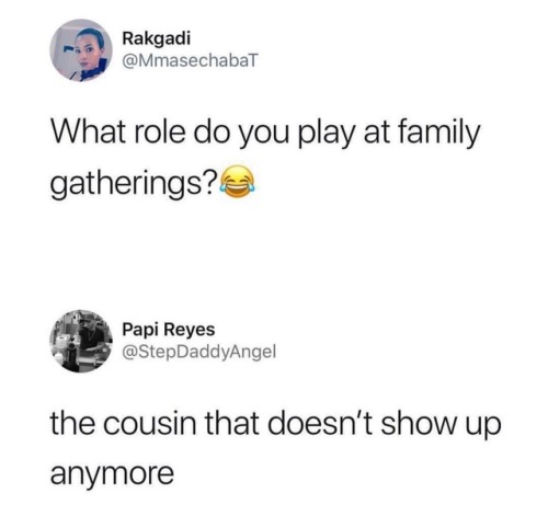 <p><a href="http://africanaquarian.tumblr.com/post/176918320758/literally-havent-seen-any-of-my-extended-family" class="tumblr_blog">africanaquarian</a>:</p>
<blockquote><p>Literally. Haven’t seen any of my extended family in years </p></blockquote>
<p>Don’t let Western Society separate and disconnect you from your family. </p><p>Keep everyone in your family close.</p>