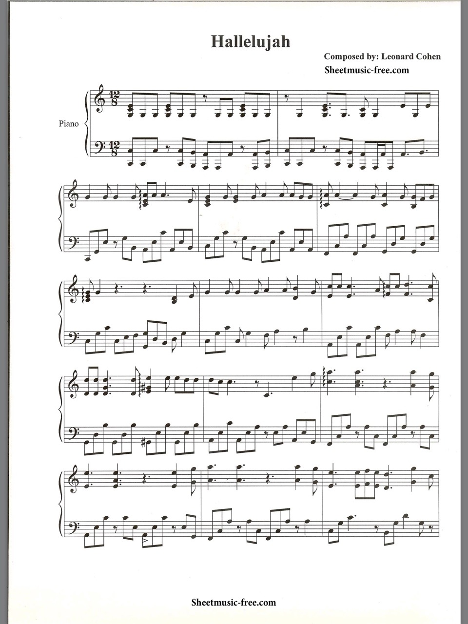 Piano Sheet Music — Hallelujah - Leonard Cohen (Piano Sheet Music)