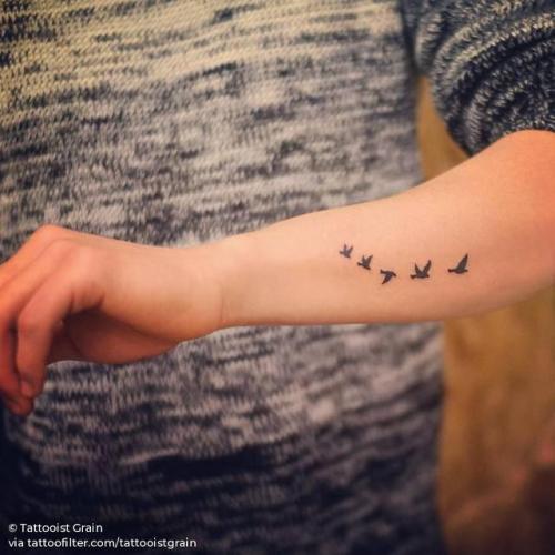 By Tattooist Grain, done in Seoul. http://ttoo.co/p/146902 small;flying bird;animal;tiny;bird;ifttt;little;tattooistgrain;forearm;minimalist
