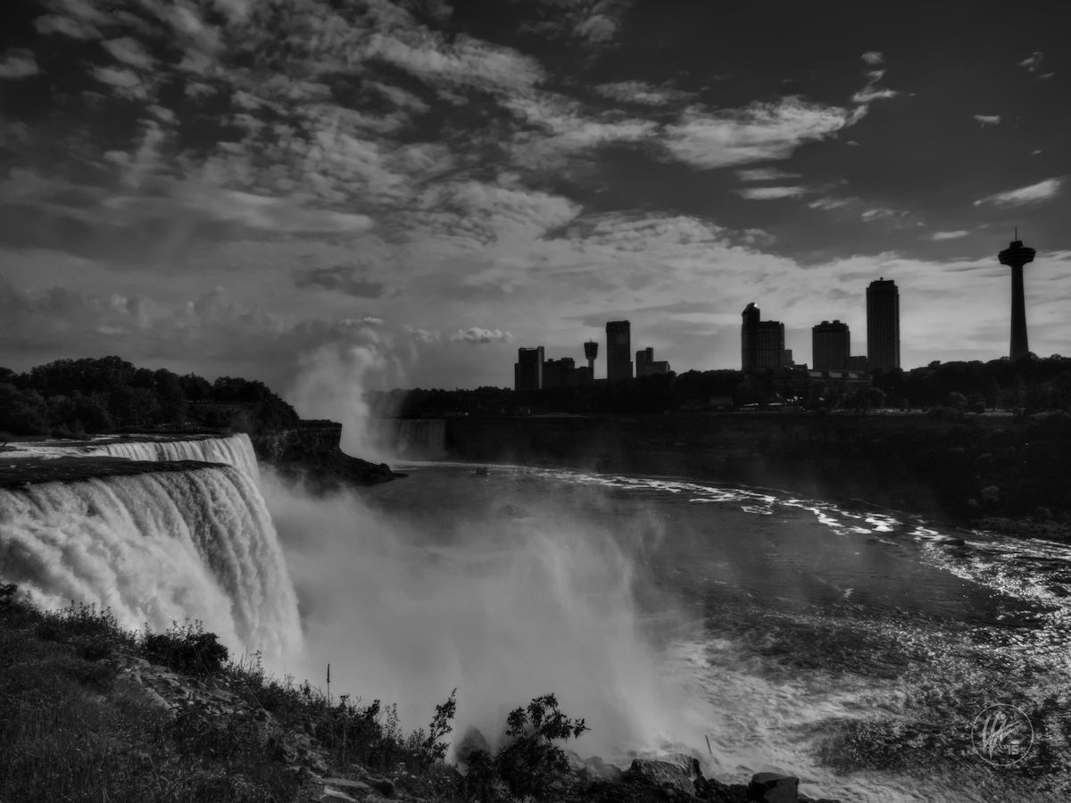 Niagara Falls 001 BW The silhouetted skyline of...