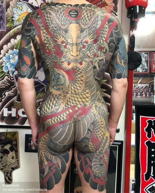 By Horitada, done at Black Dice Studio, Tokyo.... big;body suit;dragon;facebook;horitada;japanese;mythology;twitter