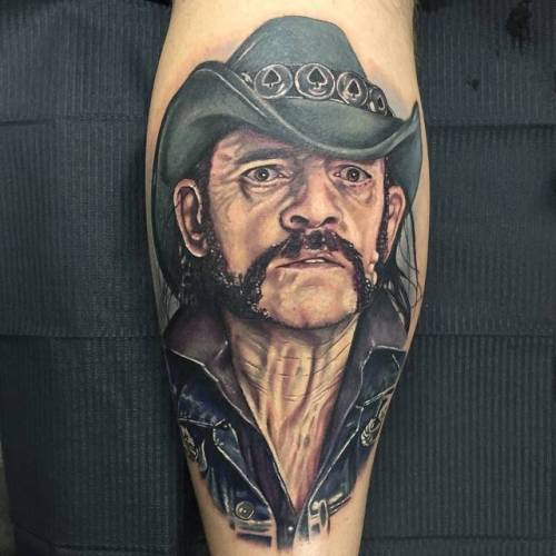 By Alex Rattray, done at Red Hot and Blue Tattoo, Edinburgh.... music;calf;patriotic;lemmy kilmister;big;character;facebook;music band;realistic;twitter;alexrattray;motorhead;portrait;england
