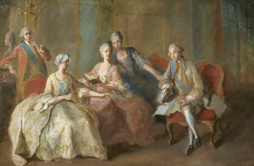 A portrait of the family of the duc de Penthièvre by Jean-Baptiste Charpentier le Vieux. 1767. From left to right: the prince de Lamballe; Marie Victoire de Noailles; the princesse de Lamballe; Marie Adélaïde de Bourbon; the duc de Penthièvre.