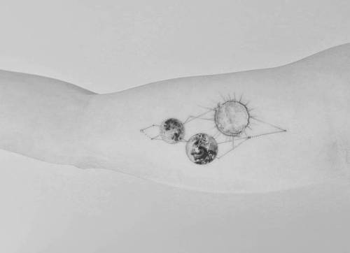 By Drag, done at Bang Bang Tattoo, Manhattan.... small;astronomy;single needle;inner arm;planet;tiny;ifttt;little;drag;earth;sun;moon