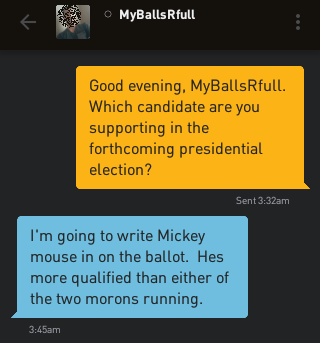 Me: Good evening, MyBallsRfull. Which candidate are you supporting in the forthcoming presidential election? MyBallsRfull: I'm going to write Mickey mouse in on the ballot. Hes more qualified than either of the two morons running.