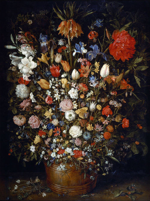 jimlovesart:Jan Bruegel the Elder - Flowers in a Wooden Vessel,...