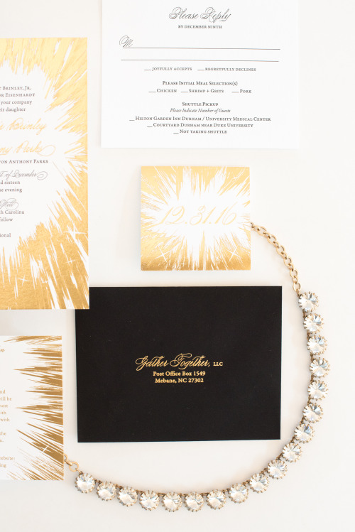 A crazy fun New Year’s Eve wedding invitation suite! | One and Only Paper Custom Wedding Invitations