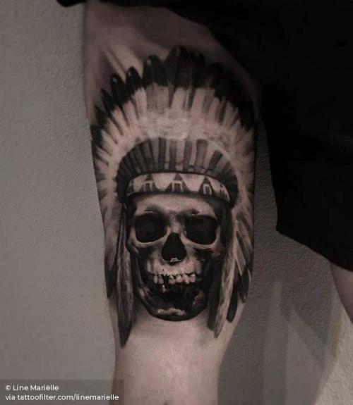 By Line Mariëlle, done at Venlig Hilsen - Din Tatovør, Aarhus.... black and grey;skull;anatomy;human skull;big;native american chief;native american;thigh;facebook;twitter;portrait;linemarielle