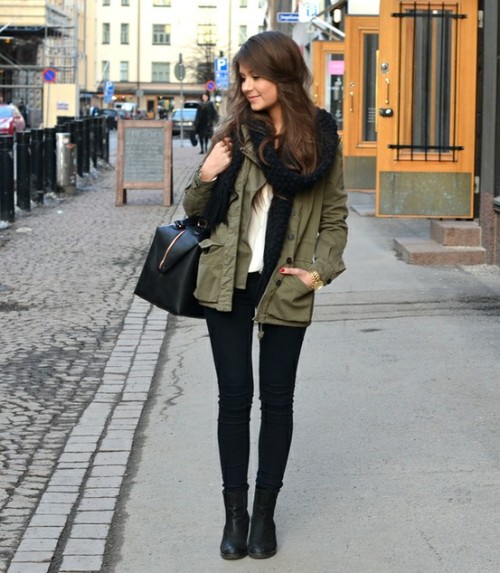 army jacket brown inspiring pretty hair purse long cute leather casual jeans outfit scarf