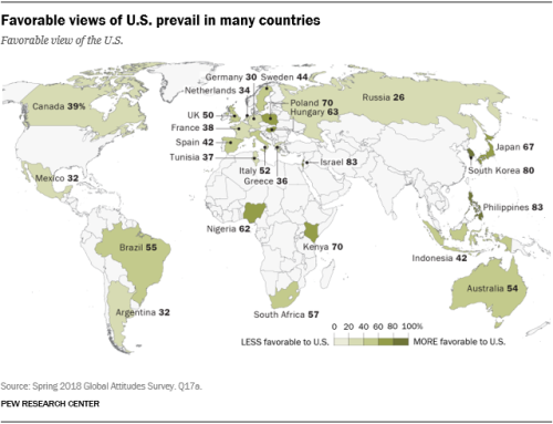 mapsontheweb:International Opinion about the US, 2018.