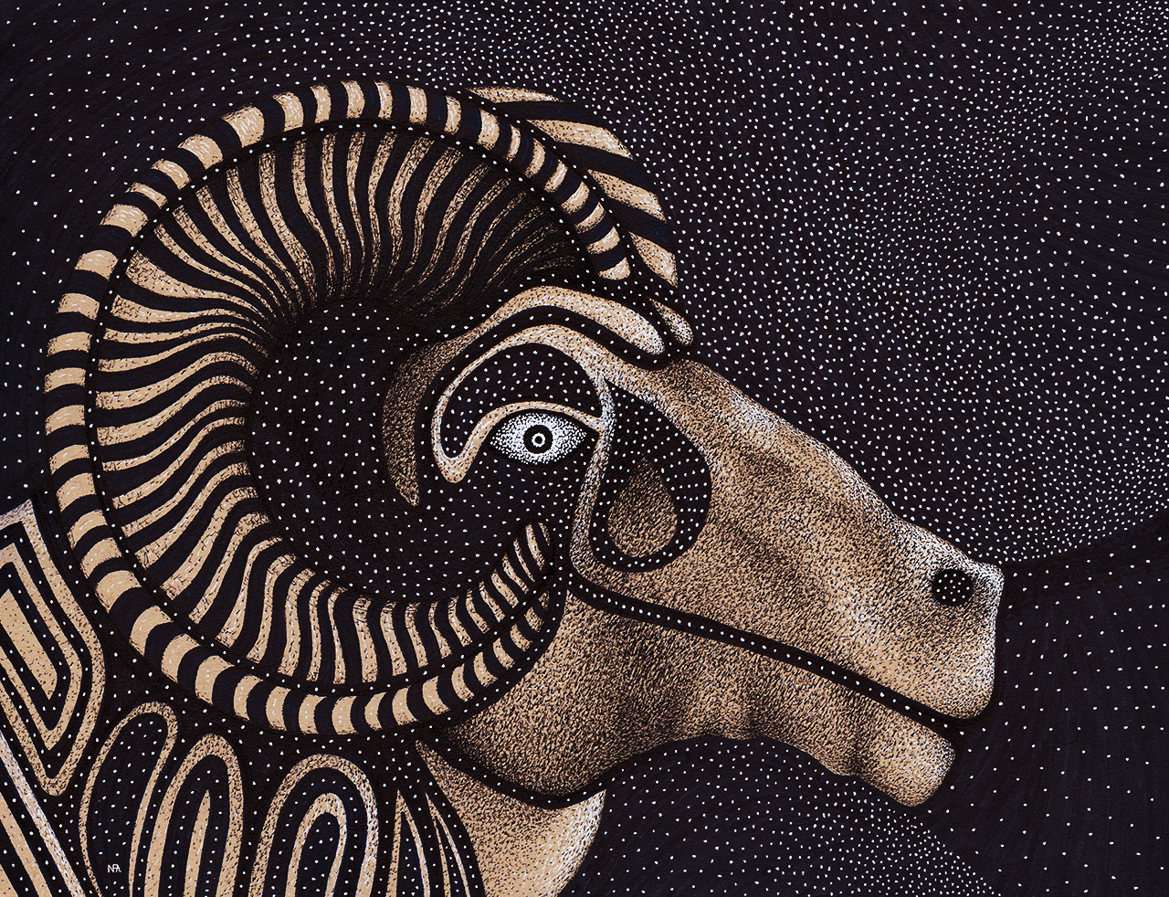 Vision of a Ram by Nathaniel Armstrong Black ink, white ink, marker on toned tan paper. 14" x 11"