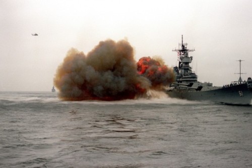 bmashine:American battleship USS Iowa (BB 61) during firing main...