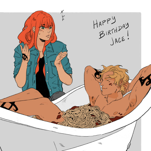 Happy birthday, Jace! Poor Clary. The cleanup from a spaghetti bath must be intense …
Art by Cassandra Jean, of course, and in honor of Jace’s birthday, a snippet from Red Scrolls of Magic:
“How’s Paris?” asked Jace idly. “If you’re not having fun,...