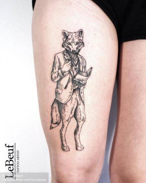By Loïc LeBeuf, done at Grotesque Tattooing, Carouge.... surrealist;fox;loiclebeuf;big;animal;thigh;facebook;blackwork;twitter;engraving