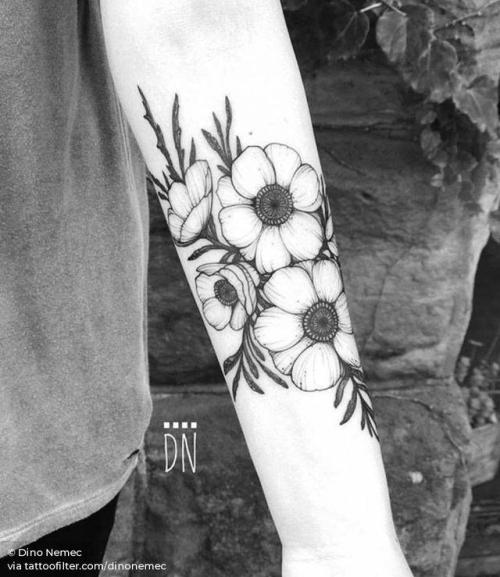 By Dino Nemec, done at Lone Wolf Private Tattooing Studio,... dinonemec;flower;big;freehand;anemone;facebook;nature;twitter;inner forearm;illustrative