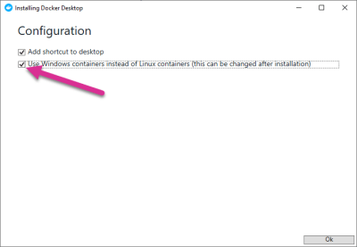 The Docker Installation screen with “Use Windows Containers” option selected