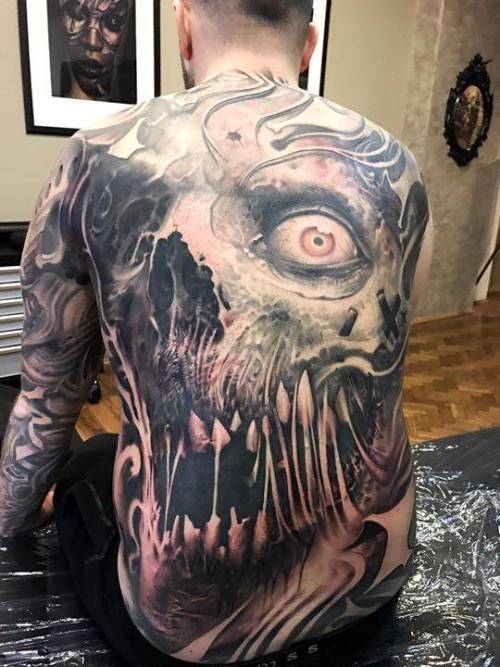 By Victor Portugal, done at Victor Portugal Tattoo Studio,... horror;black and grey;skull;backpiece;anatomy;huge;victorportugal;facebook;twitter