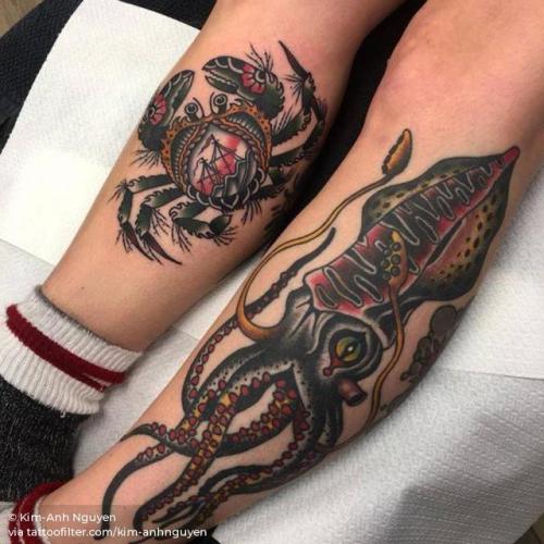 By Kim-Anh Nguyen, done at Seven Seas Tattoos, Eindhoven.... healed;calf;kim anhnguyen;squid;mollusc;traditional;herbauerbach;big;animal;crustacean;crab;facebook;twitter;other