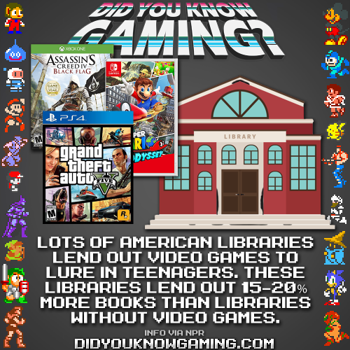 Did you know some American libraries lend out video games to lure in teenagers? Some even carry T and M-rated titles. These libraries lend out 15-20% more books than libraries without video games.
Source: tinyurl.com/yct36lz7
More Video Game Facts:...