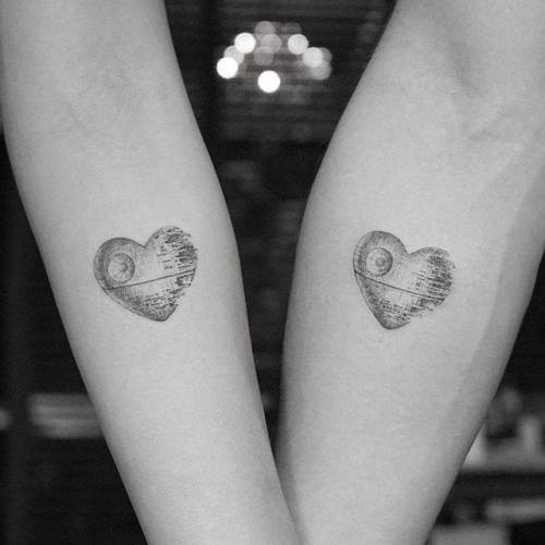 By Sanghyuk Ko · MR.K, done at Bang Bang Tattoo, Manhattan.... small;matching;matching tattoos for couples;single needle;conventional heart;tiny;mrk;travel;love;star wars;ifttt;little;couple;inner forearm;film and book;spacecraft;heart;death star