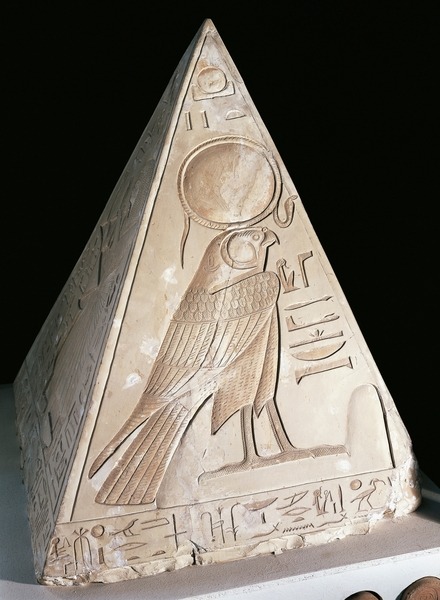 egypt-museum:“ Pyramidion of Ramose The limestone Pyramidion of Ramose, from the top of the tomb of the ‘Necropolis Scribe’. Scenes on all four sides depict the worship of the sun.New Kingdom, 19th Dynasty, ca. 1292-1189 BC. From Deir el Medina....