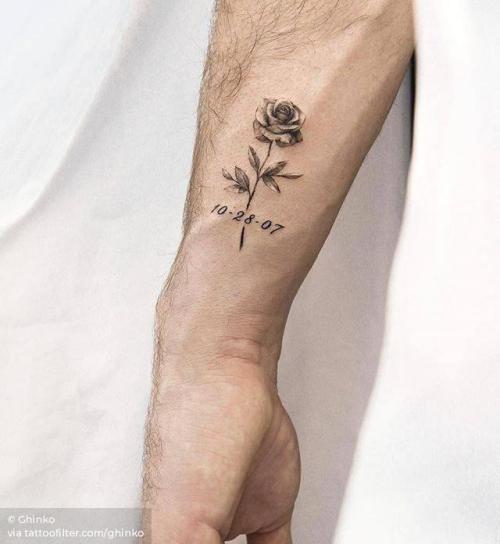By Ghinko, done at West 4 Tattoo, Manhattan.... flower;small;single needle;mathematical;tiny;date;rose;ifttt;little;nature;wrist;ghinko