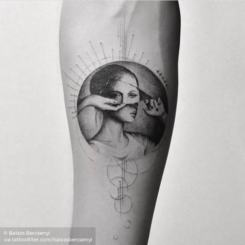 By Balazs Bercsenyi, done at Bang Bang Tattoo, Manhattan.... geometric shape;surrealist;balazsbercsenyi;single needle;circle;women;facebook;twitter;portrait;inner forearm;medium size;other