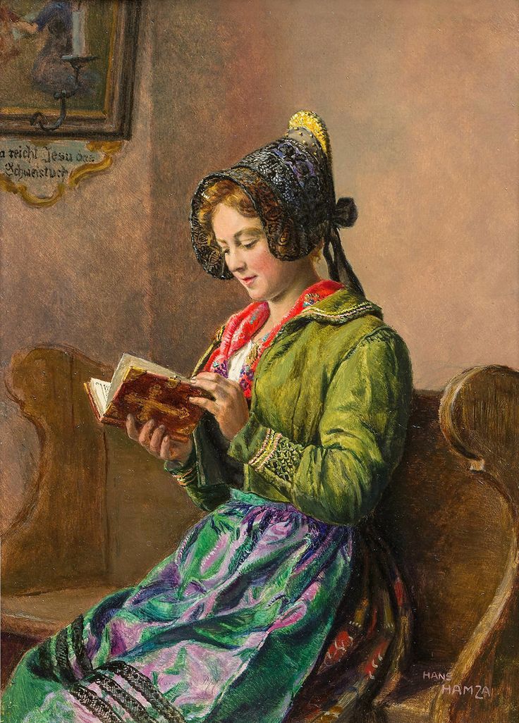 Mädchen mit Goldhaube und Gebetsbuch. Hans Hamza (Austrian, 1879-1945). Oil on wood.
Hamza depicts the woman reading a prayer book and wearing a Goldhaube. Goldhaube is an umbrella term for various hoods worn by women in southern Germany and in...