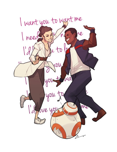 errrbodylovesfinn:“TFA AU where everything is exactly the same except all the fashion is vaguely based on futuristic 80s designs and BB-8 has an entire catalog of pop songs from the late-70s/early-80s.Drawn on commission by the fantastic...