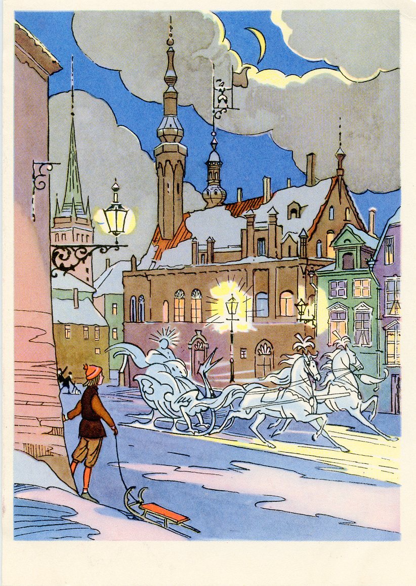 Snow Queen illustration by Valery Alfeyevsky (postcard, 1963)