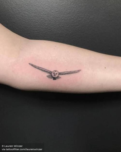 By Lauren Winzer, done at Hunter and Fox Tattoo, Sydney.... small;single needle;animal;laurenwinzer;tiny;bird;barn owl;ifttt;little;inner forearm
