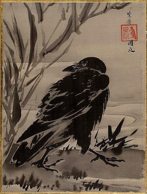 Crow on the bank of a stream. Kawanabe Kyosai ~ 19th century • Bibliothèque Infernale on FB