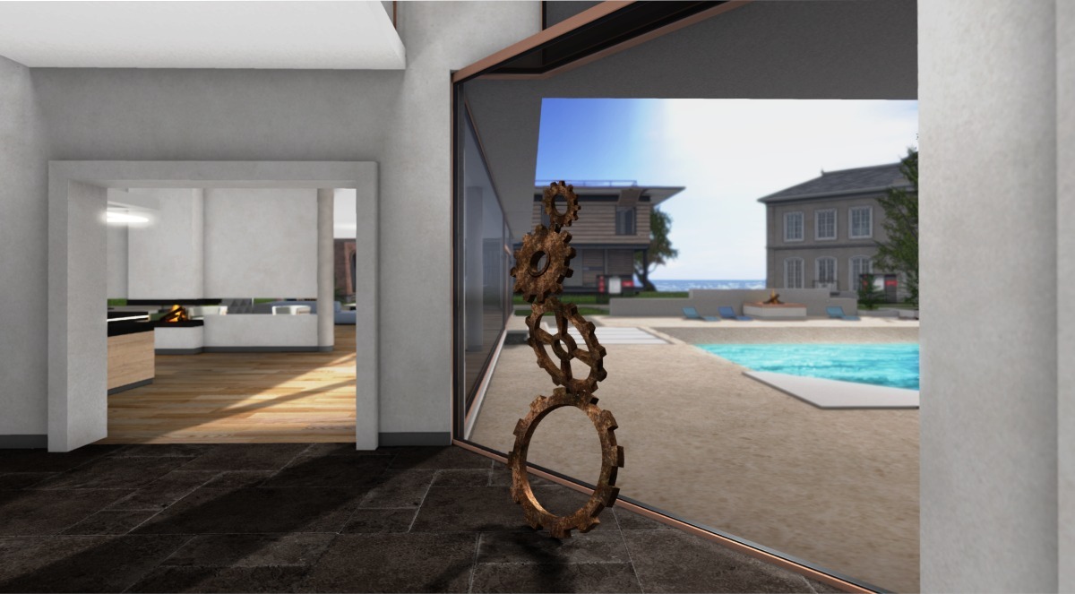 A glass wall, facing the pool