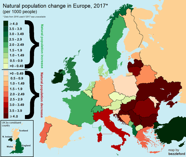 Natural population change in Europe, 2017.[[MORE]]... - Maps on the Web