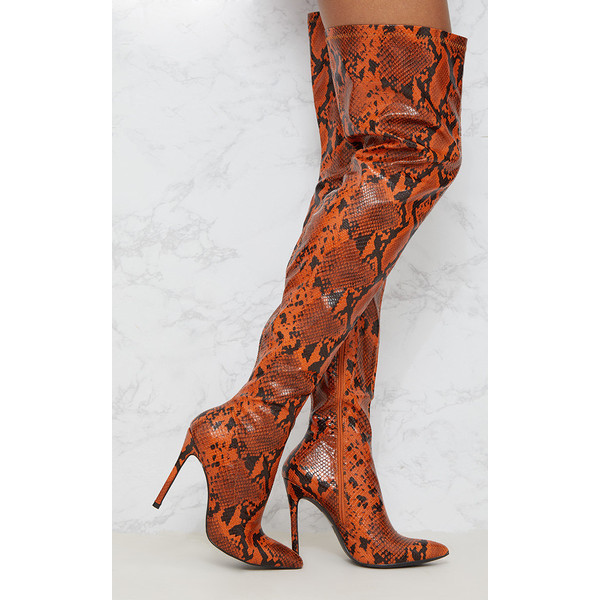 orange snakeskin thigh high boots