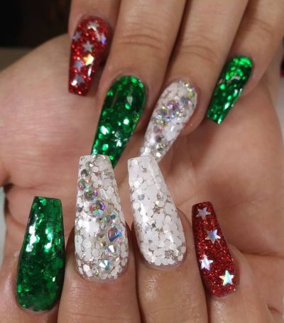 Glitter Red And White Coffin Nails Nail And Manicure Trends
