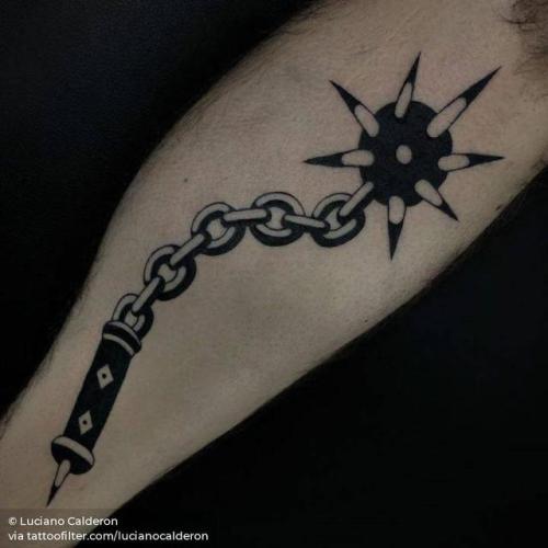 By Luciano Calderon, done in Barcelona. http://ttoo.co/p/31260 calf;lucianocalderon;big;flail;contemporary;facebook;blackwork;twitter;weapon;illustrative